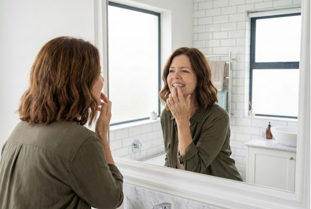 Mujer en edad de menopausia se mira la boca.