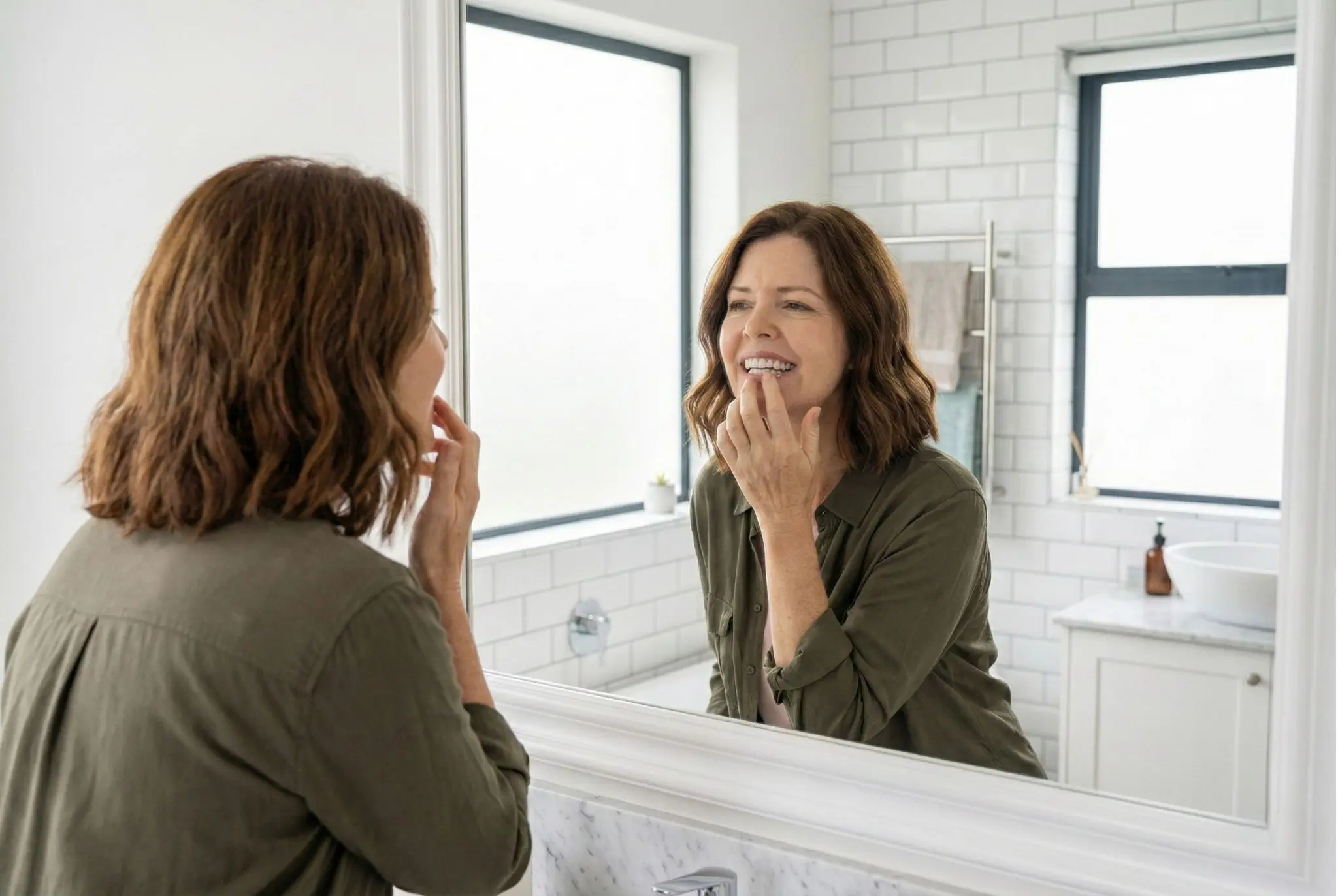 Dona en edat de menopausa mira la boca.